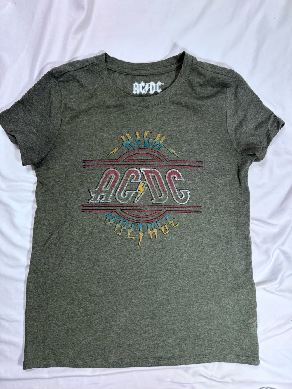 Lucky Brand Olive Graphic AC/DC Short Sleeve Tee with Multicolor Logo